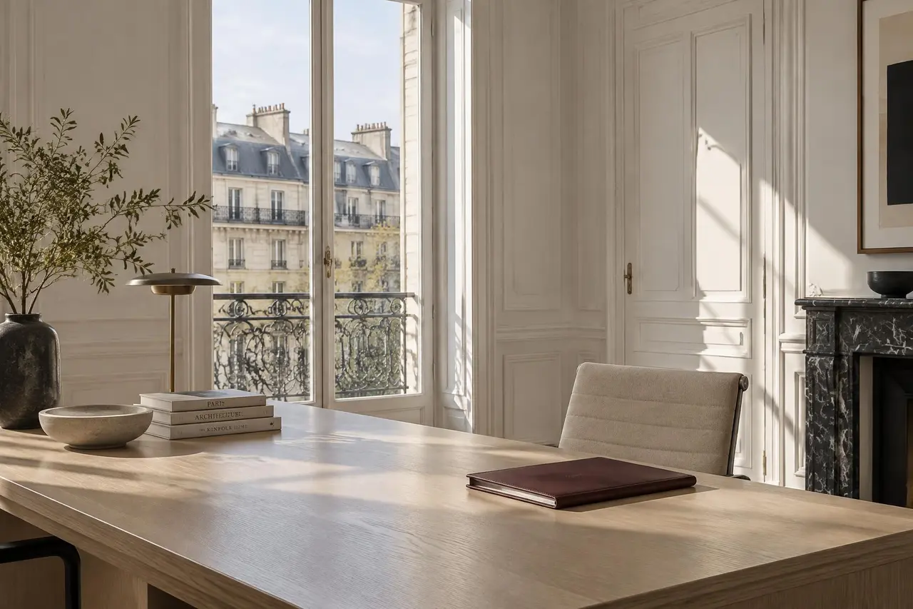 Bureau baigné de lumière, table en bois clair